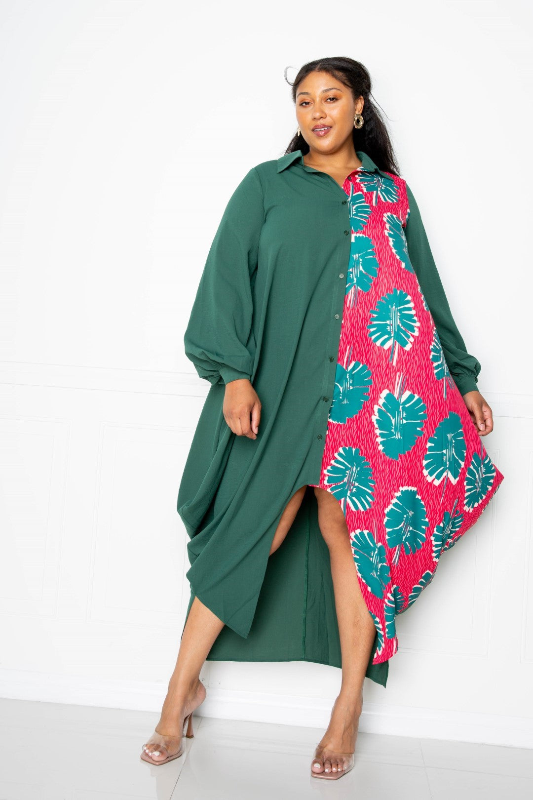 Abstract Print Drapy Shirt Maxi Dress