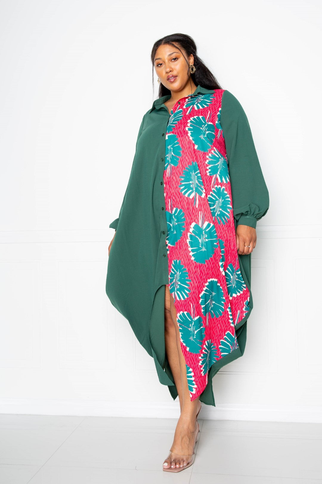 Abstract Print Drapy Shirt Maxi Dress