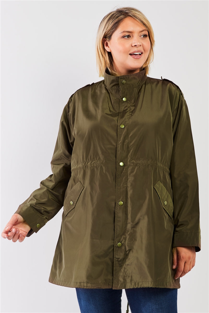 Glossy Drawstring Hem Button-down Coach Jacket