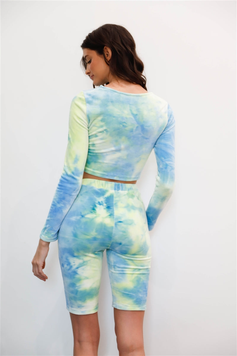 Tie-dye Cropped Long Sleeve Top & Bike Shorts Set