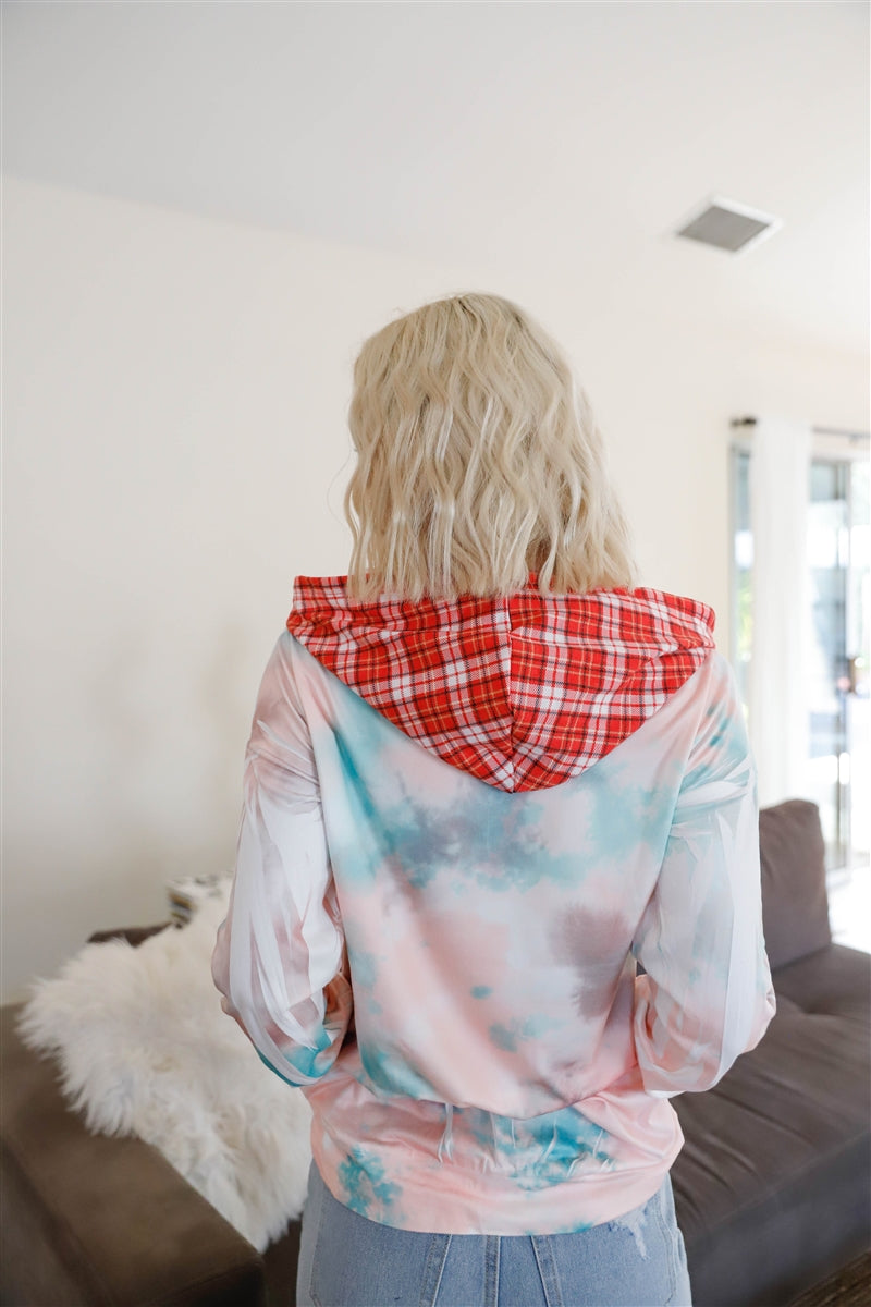 Feather & Tie-dye Print Contrast Plaid Hood Sweatshirt