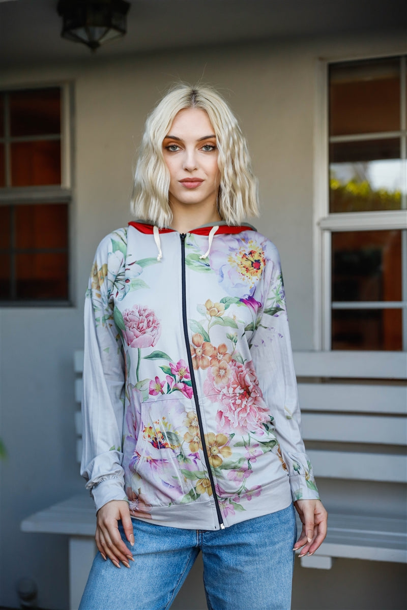 Flower Print Contrast Double Hood Sweatshirt