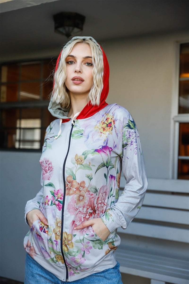 Flower Print Contrast Double Hood Sweatshirt