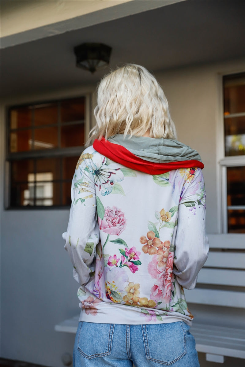 Flower Print Contrast Double Hood Sweatshirt