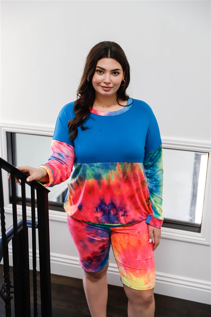 Rainbow Tie-dye Colorblock Long Sleeve Top & Biker Shorts Set