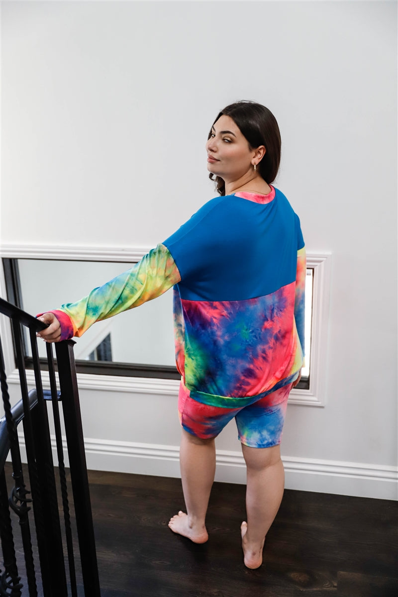 Rainbow Tie-dye Colorblock Long Sleeve Top & Biker Shorts Set