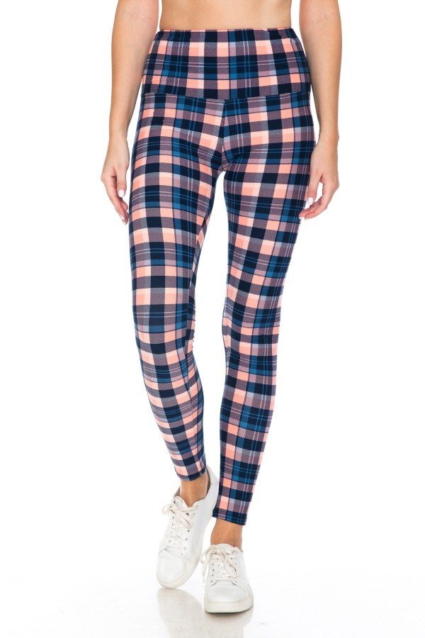 Yoga Style Banded Lined Plaid Printed Knit Legging