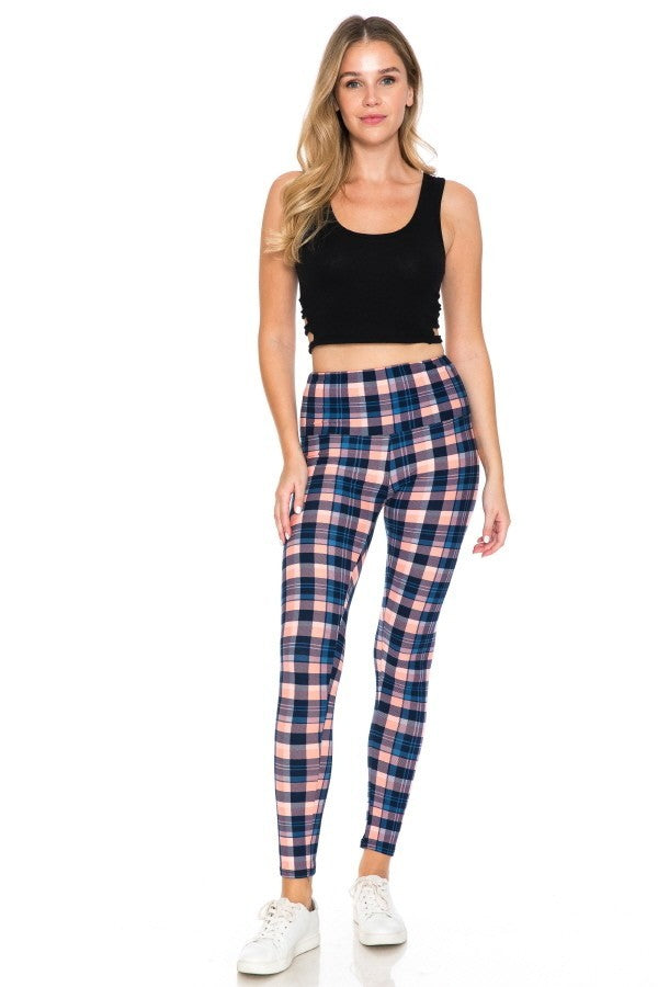 Yoga Style Banded Lined Plaid Printed Knit Legging