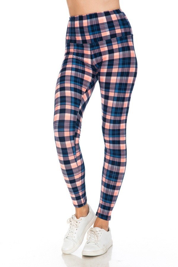 Yoga Style Banded Lined Plaid Printed Knit Legging