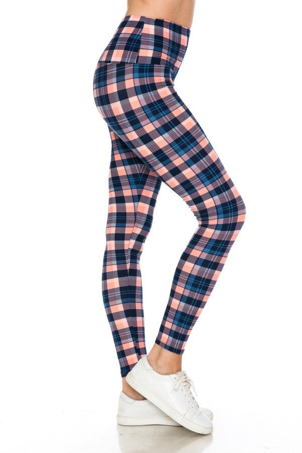 Yoga Style Banded Lined Plaid Printed Knit Legging