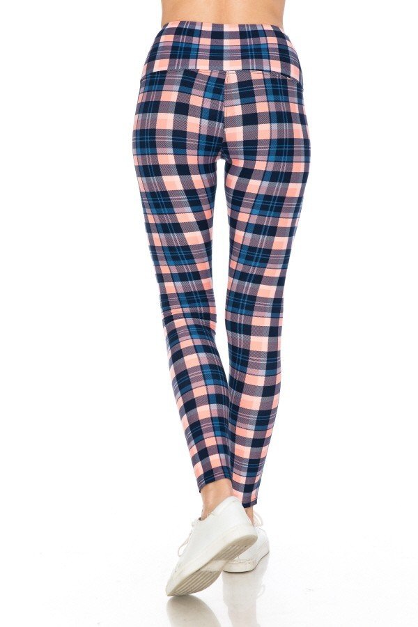 Yoga Style Banded Lined Plaid Printed Knit Legging