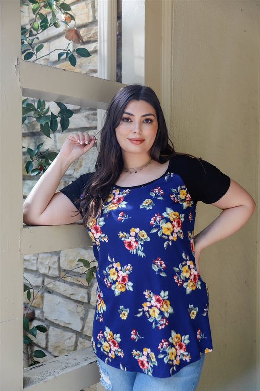 Floral Print & Ribbed Colorblock Top