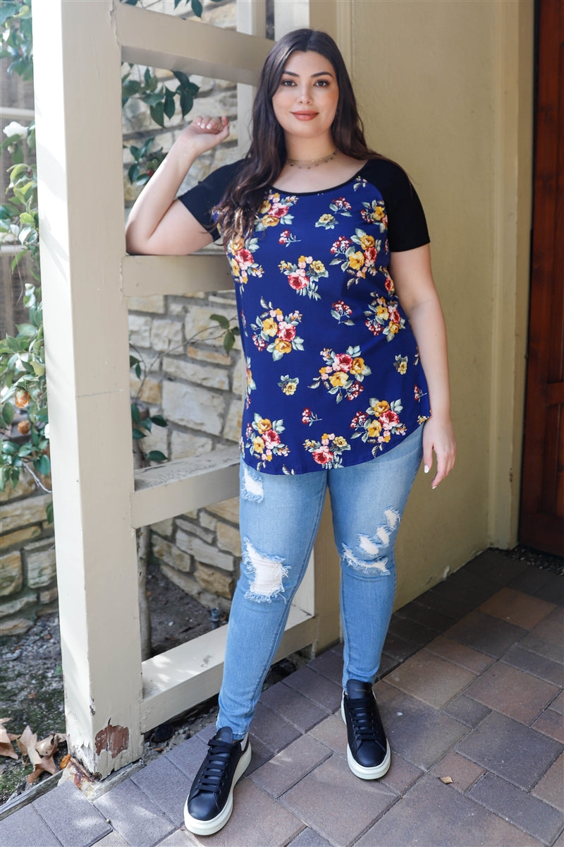 Floral Print & Ribbed Colorblock Top