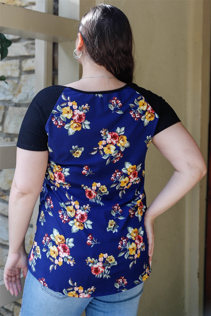 Floral Print & Ribbed Colorblock Top