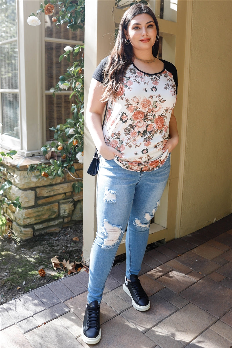 Floral Print & Ribbed Colorblock Top