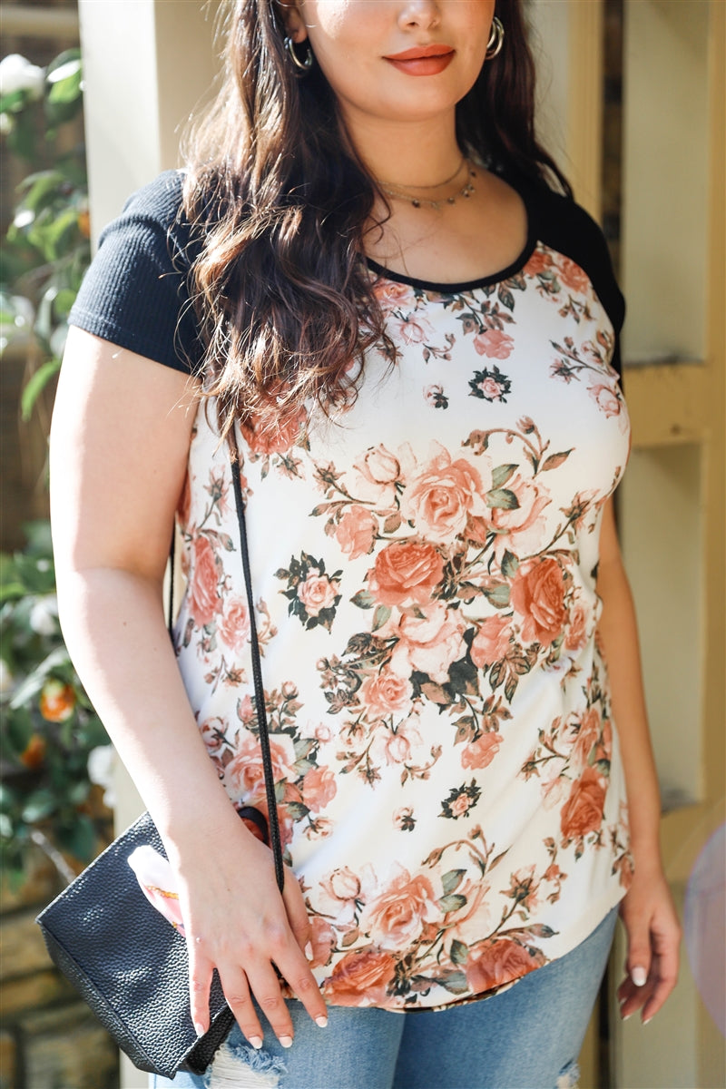 Floral Print & Ribbed Colorblock Top