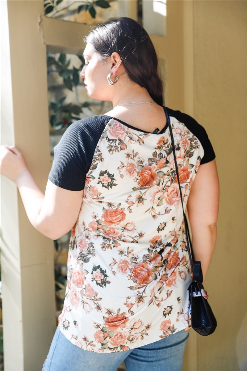 Floral Print & Ribbed Colorblock Top