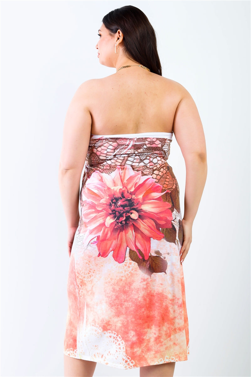 Peach Flower Print Sleeveless Midi Dress