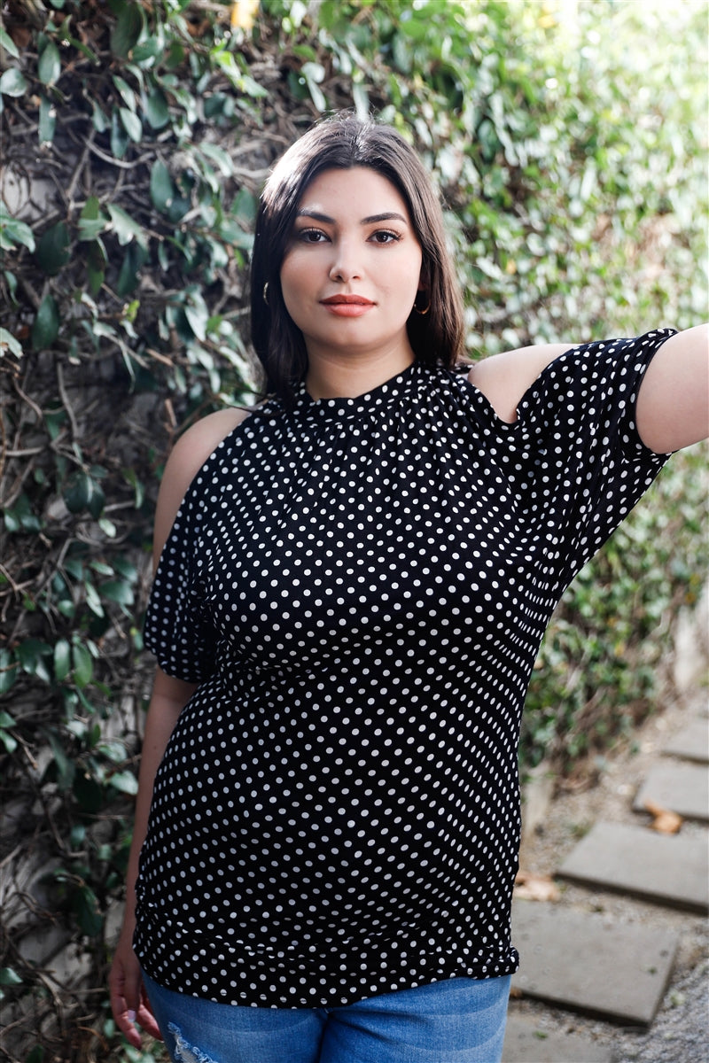 Polka Dot Cold Shoulder Short Sleeve Back Self-Tie Top