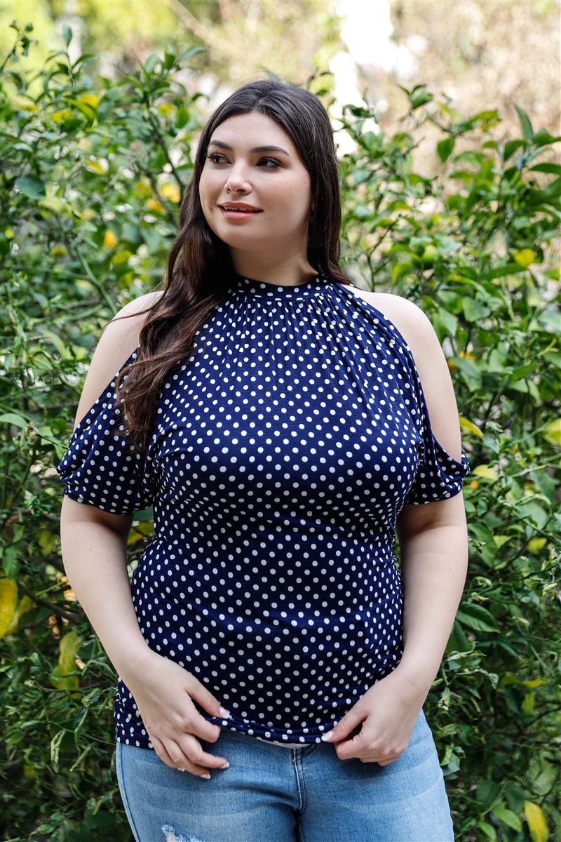 Polka Dot Cold Shoulder Short Sleeve Back Self-Tie Top