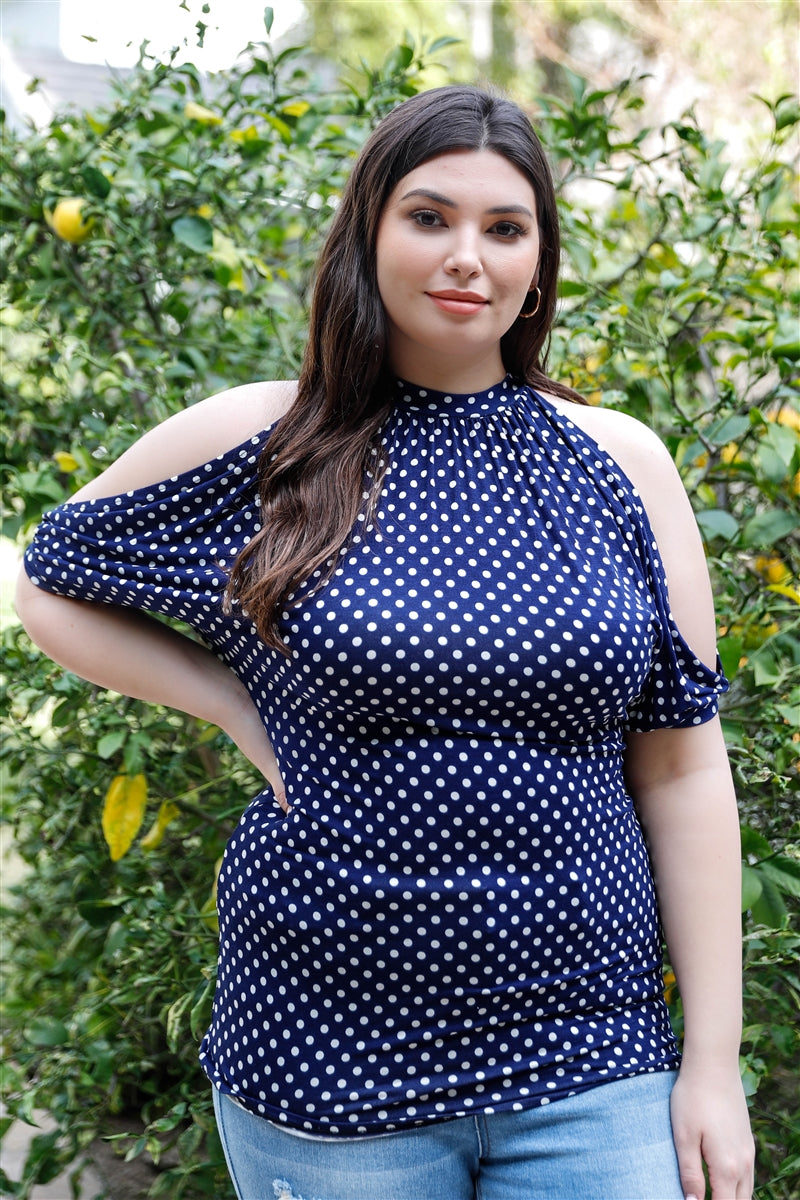 Polka Dot Cold Shoulder Short Sleeve Back Self-Tie Top