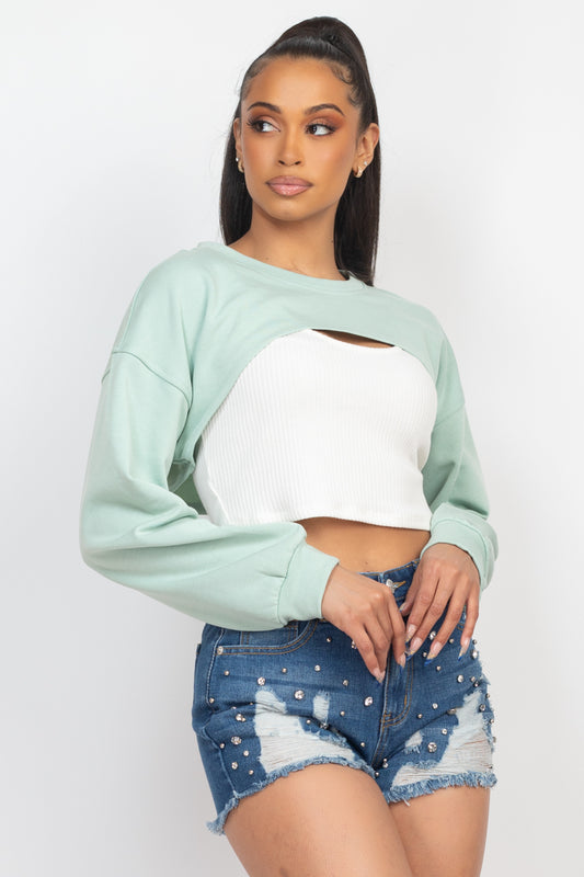 Ribbed Sleeveless Top with Shrug Sweatshirt