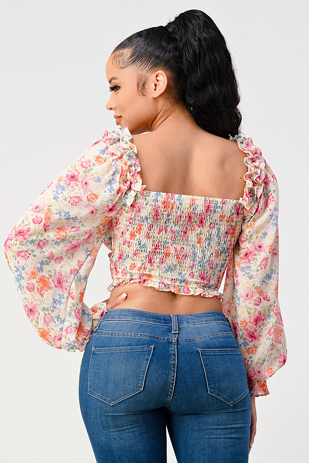 Chic Floral Sweetheart Smocked Body Blouse