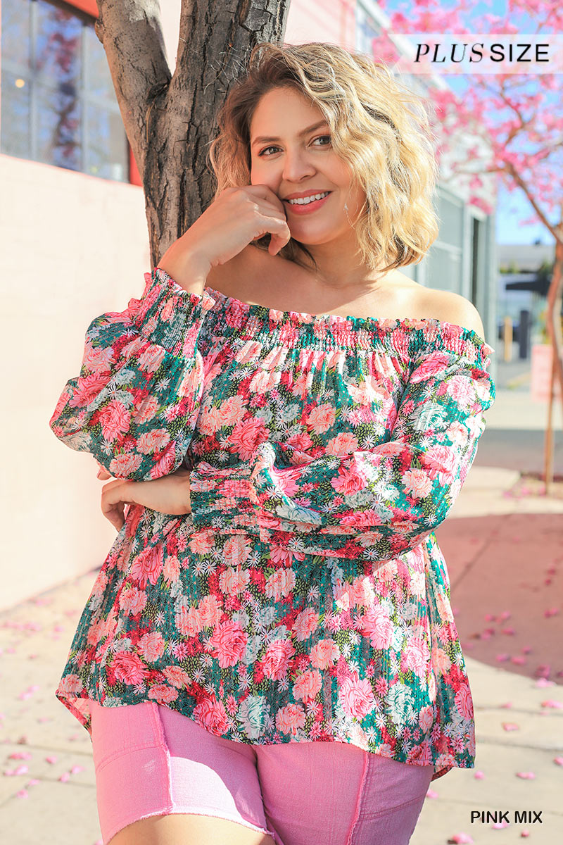 Sheer Floral Print Long Sleeve Off Shoulder Top