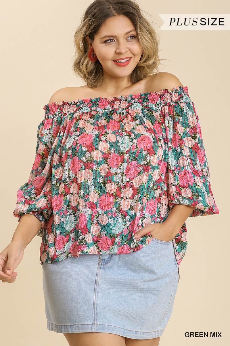 Sheer Floral Print Long Sleeve Off Shoulder Top