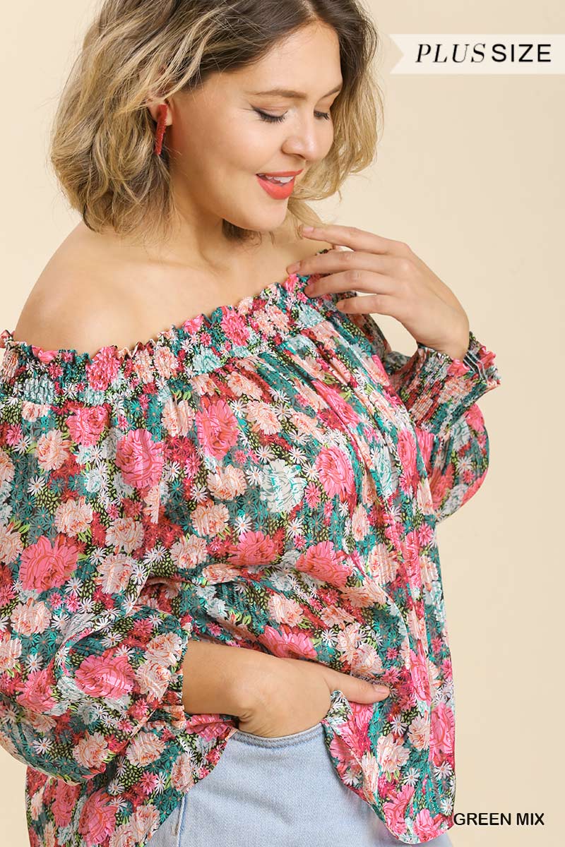 Sheer Floral Print Long Sleeve Off Shoulder Top