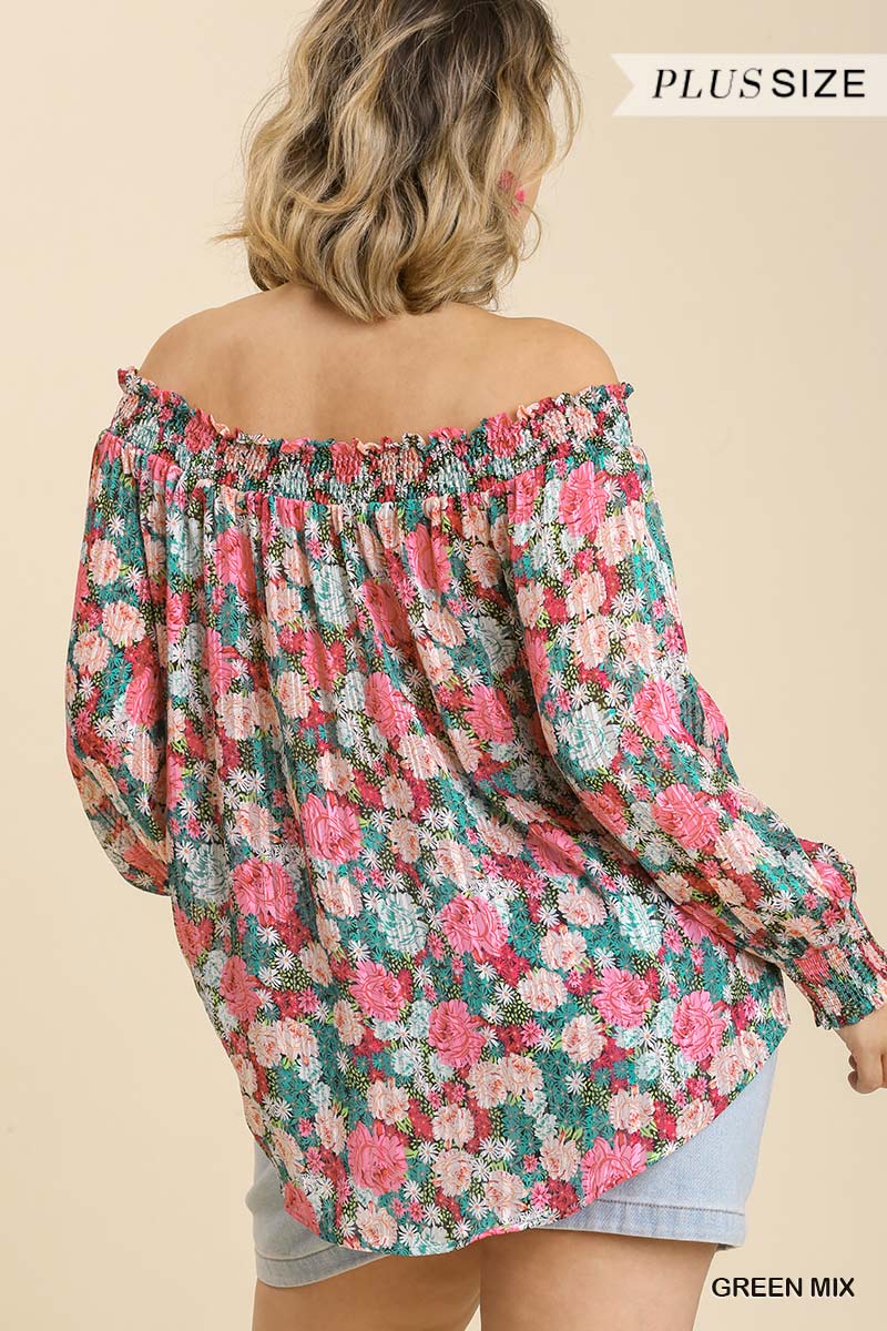 Sheer Floral Print Long Sleeve Off Shoulder Top