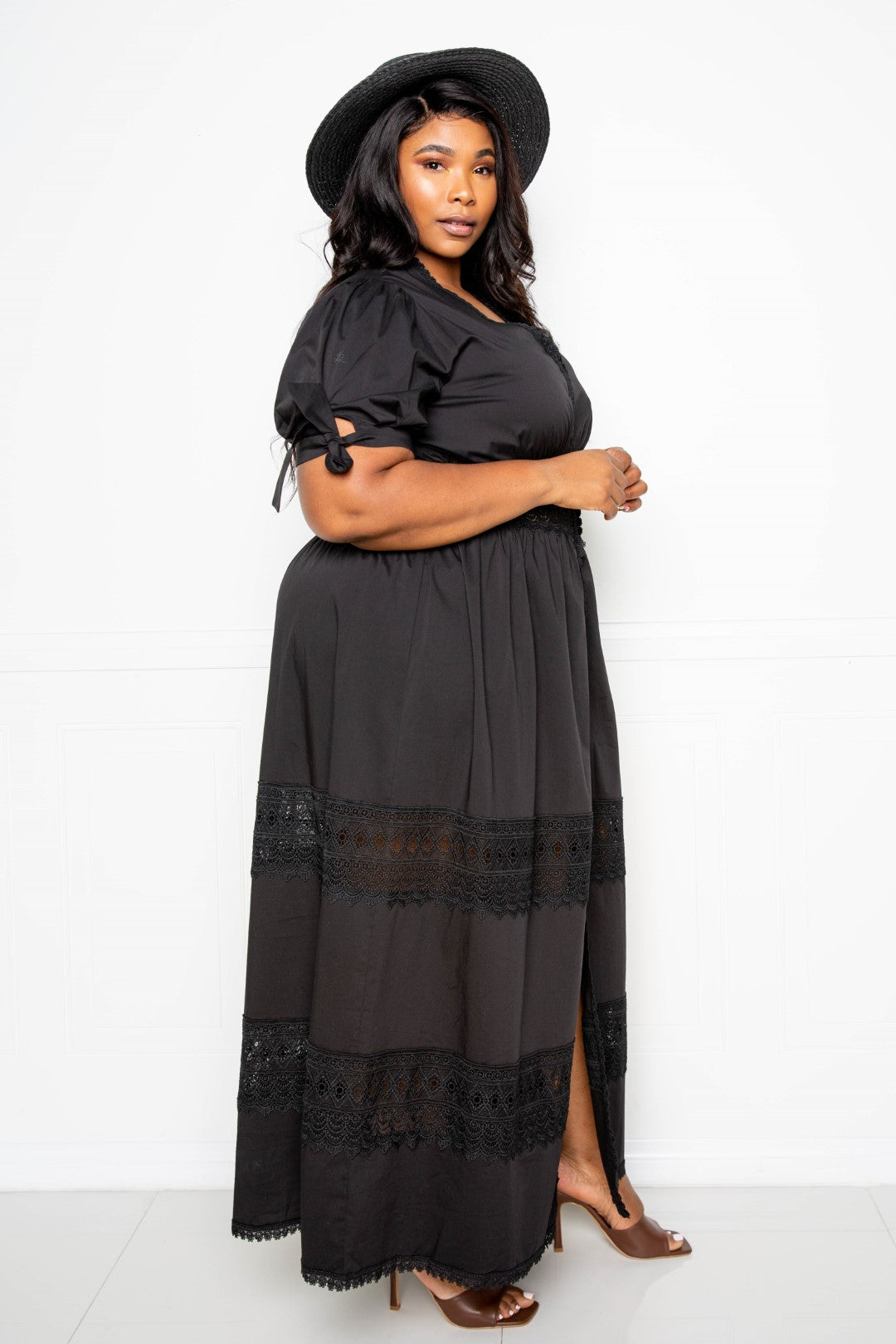 Puff Sleeve Maxi Dress with Lace Insert