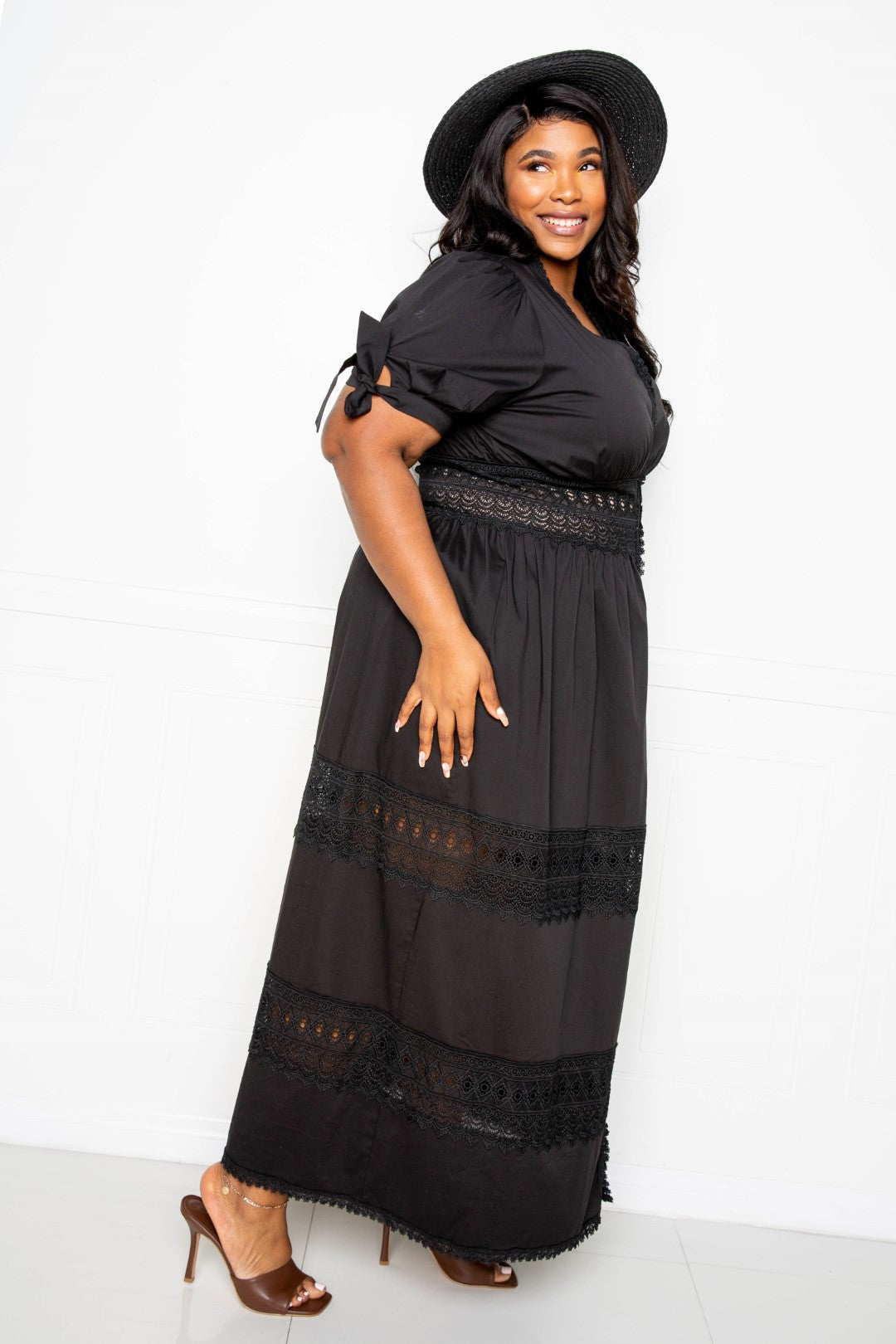 Puff Sleeve Maxi Dress with Lace Insert