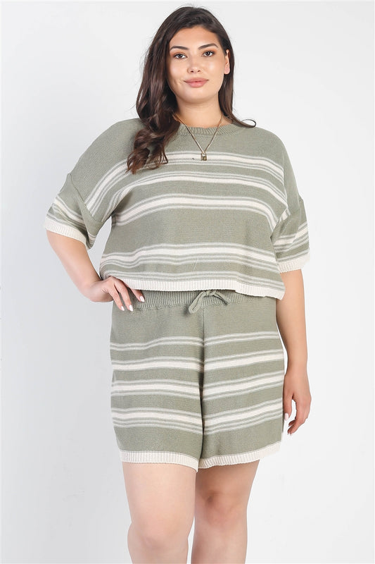 Olive Striped Knit Short Sleeve Crop Top High Waist Shorts Set