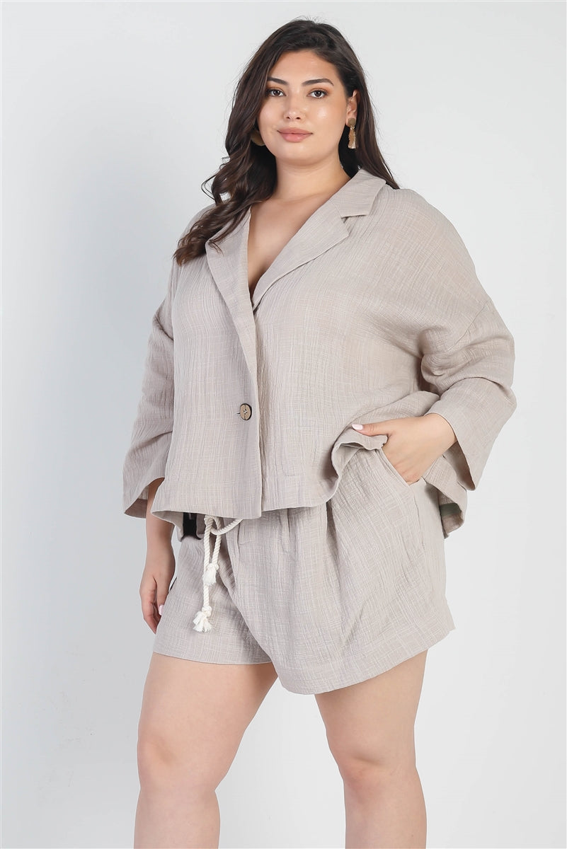 Button-up Collared Neck Blazer High Waist Shorts Set