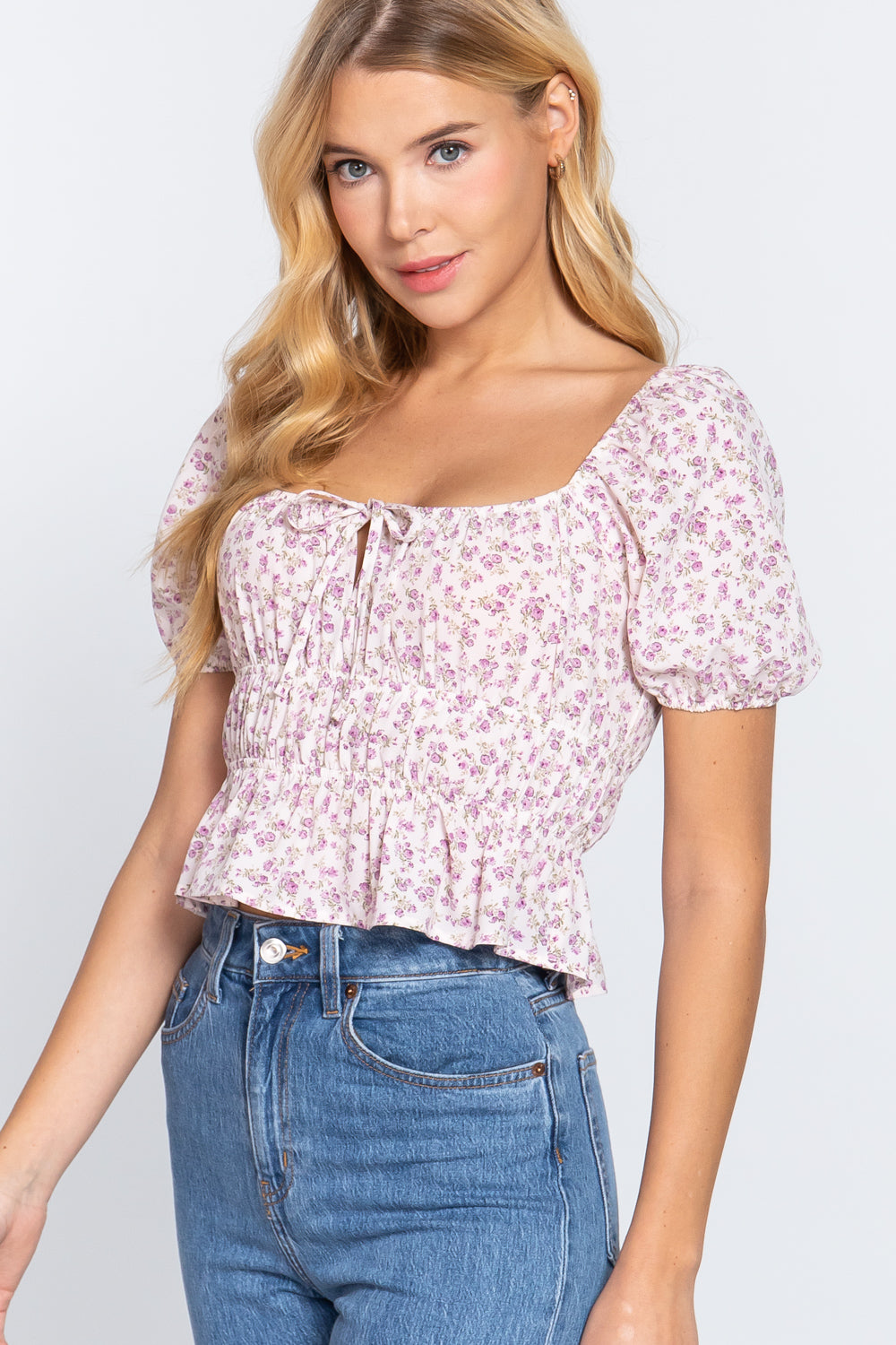 Short Sleeve Shirring Print Woven Top