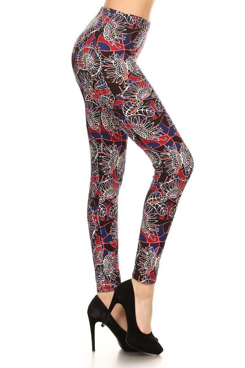 Floral Print High Waist Basic Solid Leggings