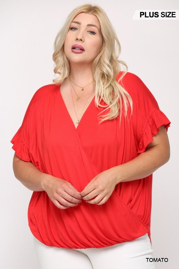 Viscose Knit Surplice Top with Ruffle Sleeve