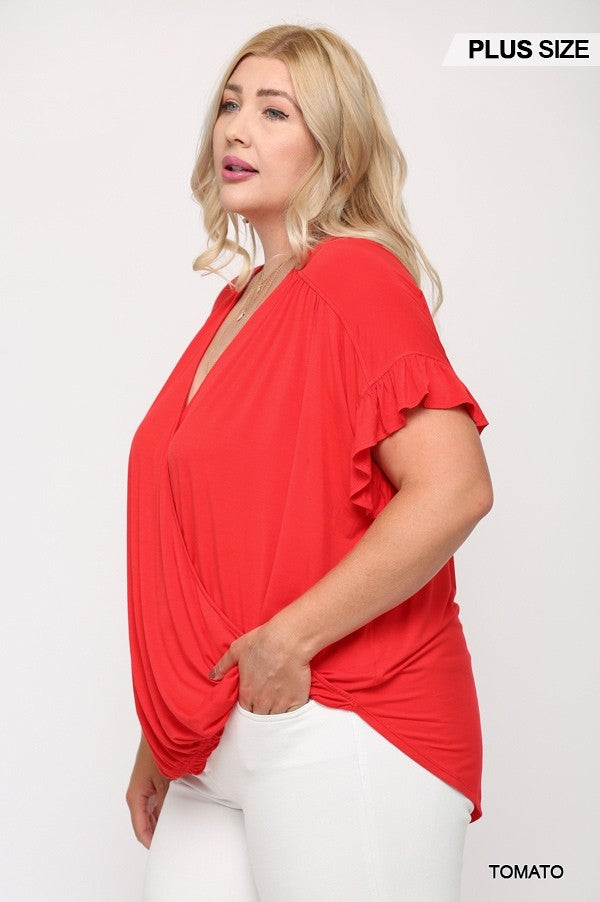 Viscose Knit Surplice Top with Ruffle Sleeve