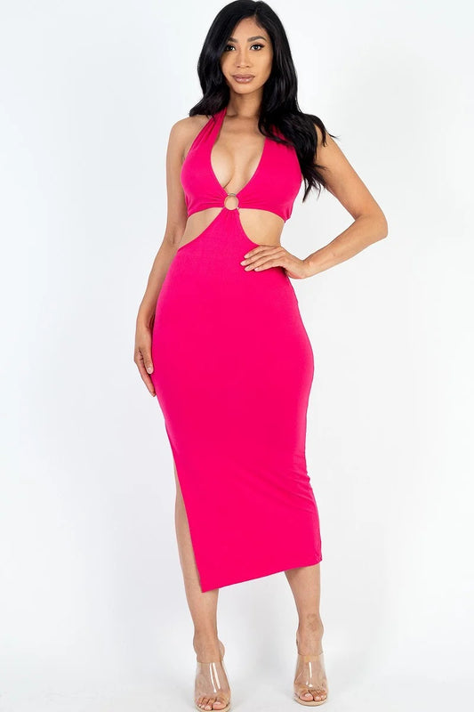 Cut-out Halter Neck Back Tie Midi Dress