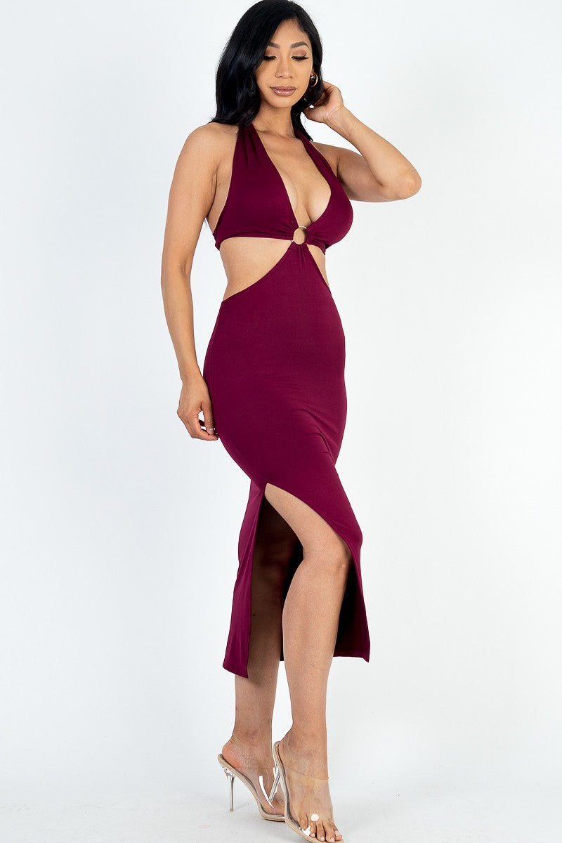 Cut-out Halter Neck Back Tie Midi Dress