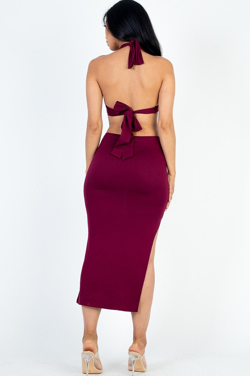 Cut-out Halter Neck Back Tie Midi Dress