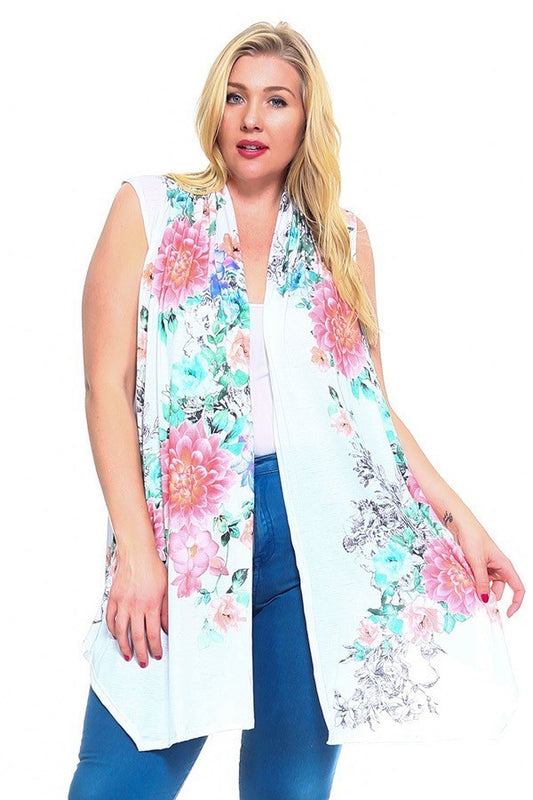 Floral Print, Open Front Vest with an Asymmetric Hem.