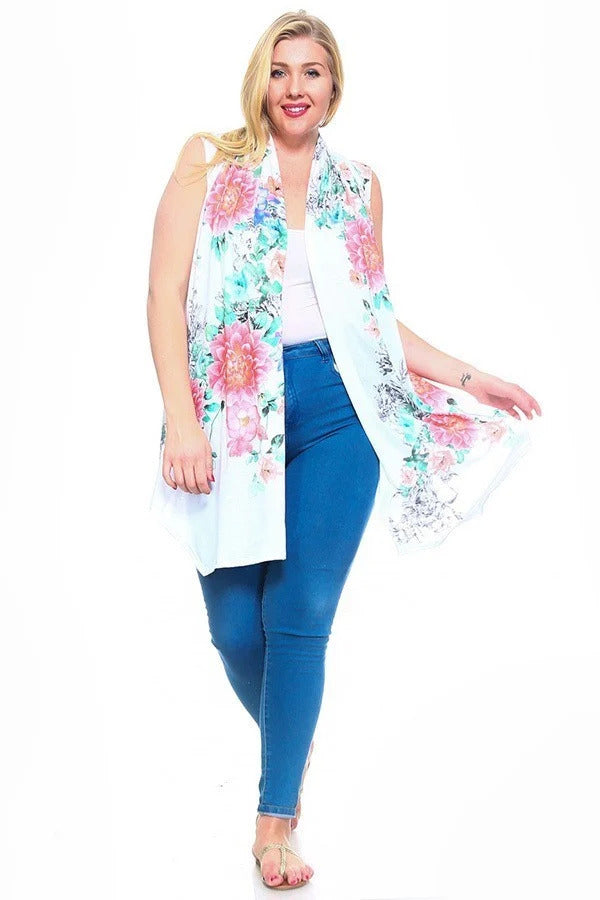 Floral Print, Open Front Vest with an Asymmetric Hem.