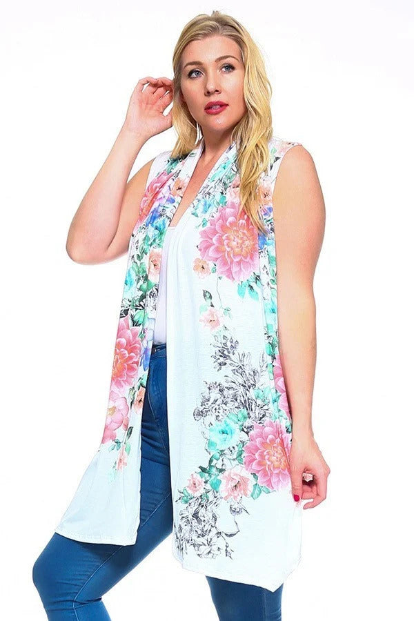 Floral Print, Open Front Vest with an Asymmetric Hem.