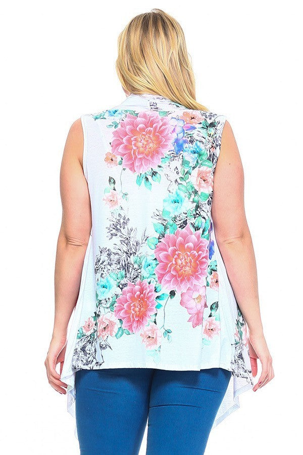 Floral Print, Open Front Vest with an Asymmetric Hem.