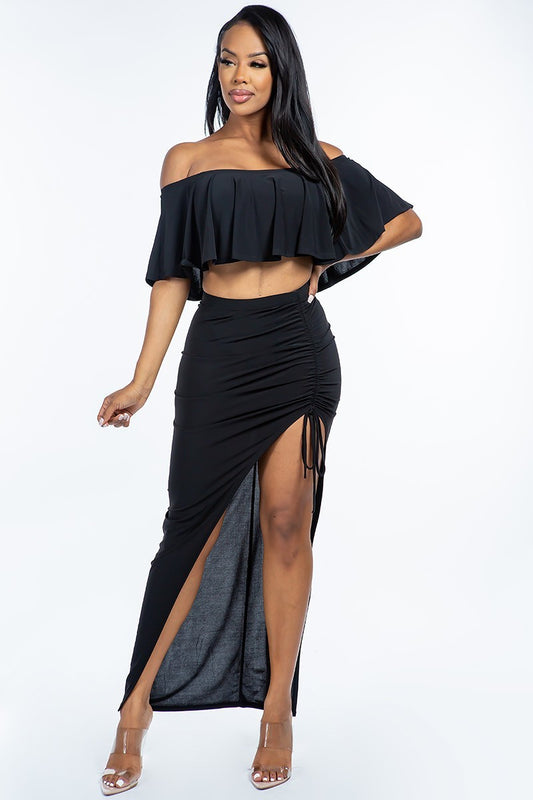 Off Shoulder Ruffled Cropped Top and Ruched Maxi Skirt Two-Piece Set