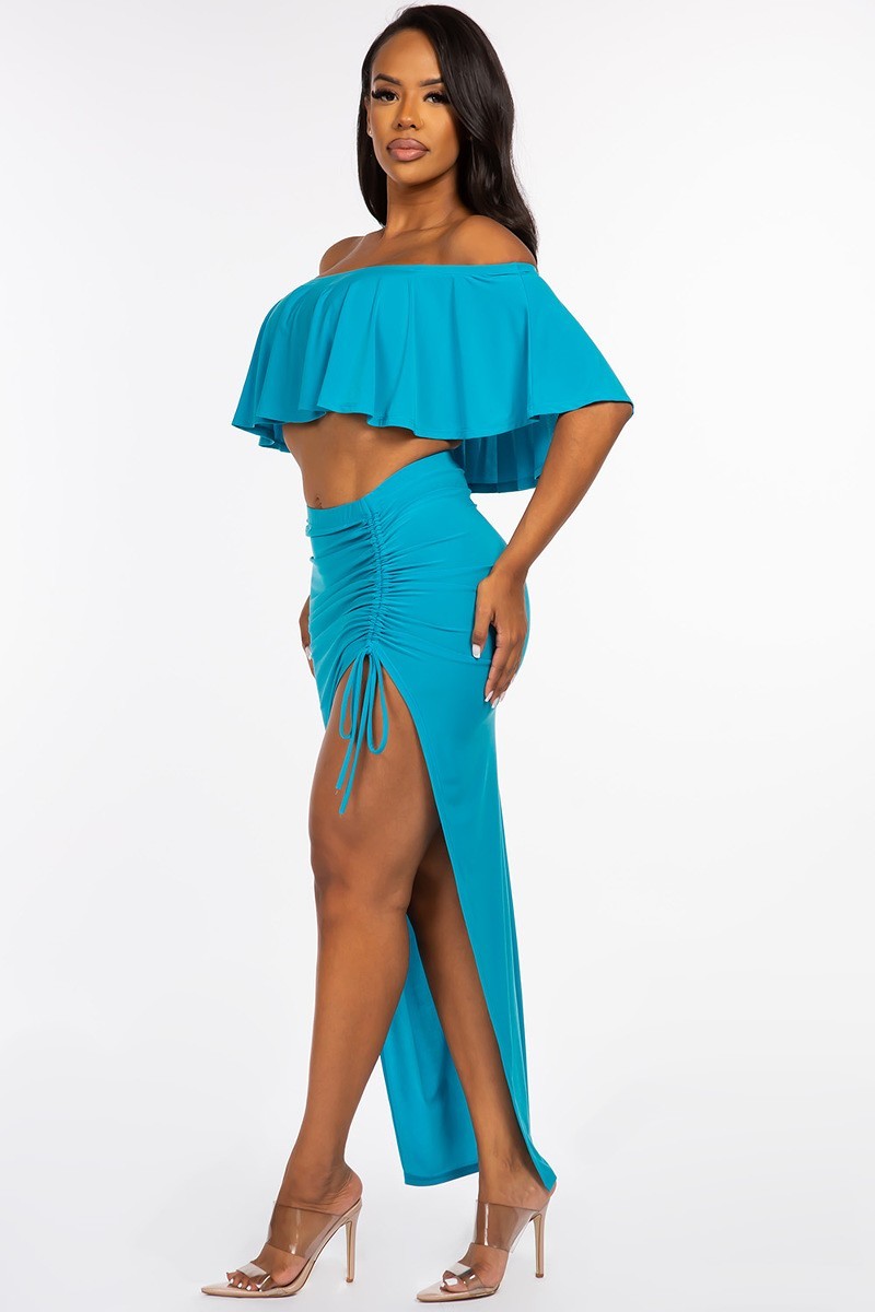 Off Shoulder Ruffled Cropped Top and Ruched Maxi Skirt Two Piece Set