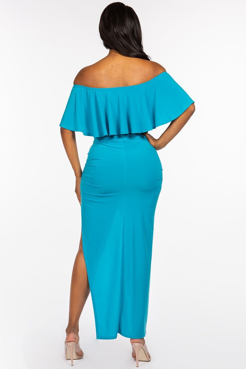 Off Shoulder Ruffled Cropped Top and Ruched Maxi Skirt Two Piece Set