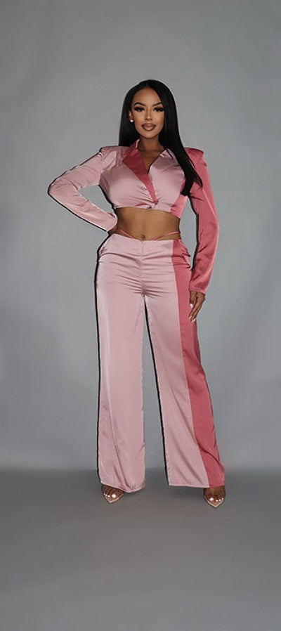 Colorblock Crop Blazer with Low Rise Wide Leg Pant Set